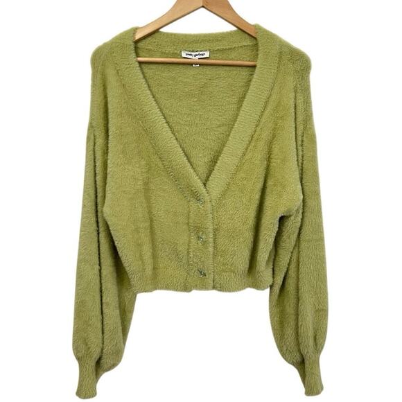 Pretty Garbage Fuzzy Green Button Down Cardigan Sweater V-neck Women’s Sz Large - Picture 1 of 7